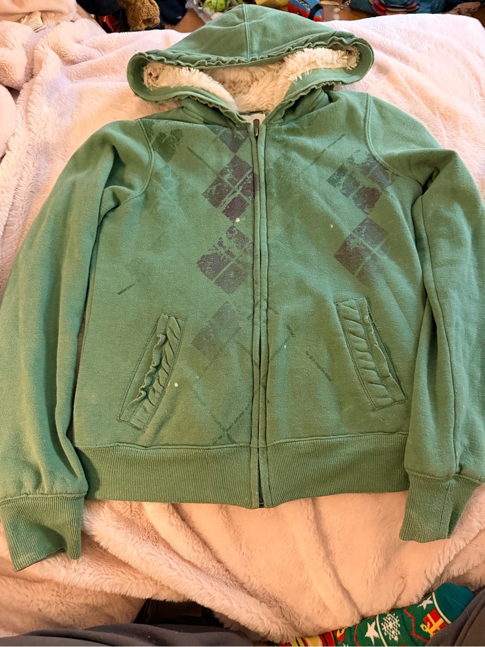 Vintage y2k Bluenotes sweater zipup green double lined fur argyle